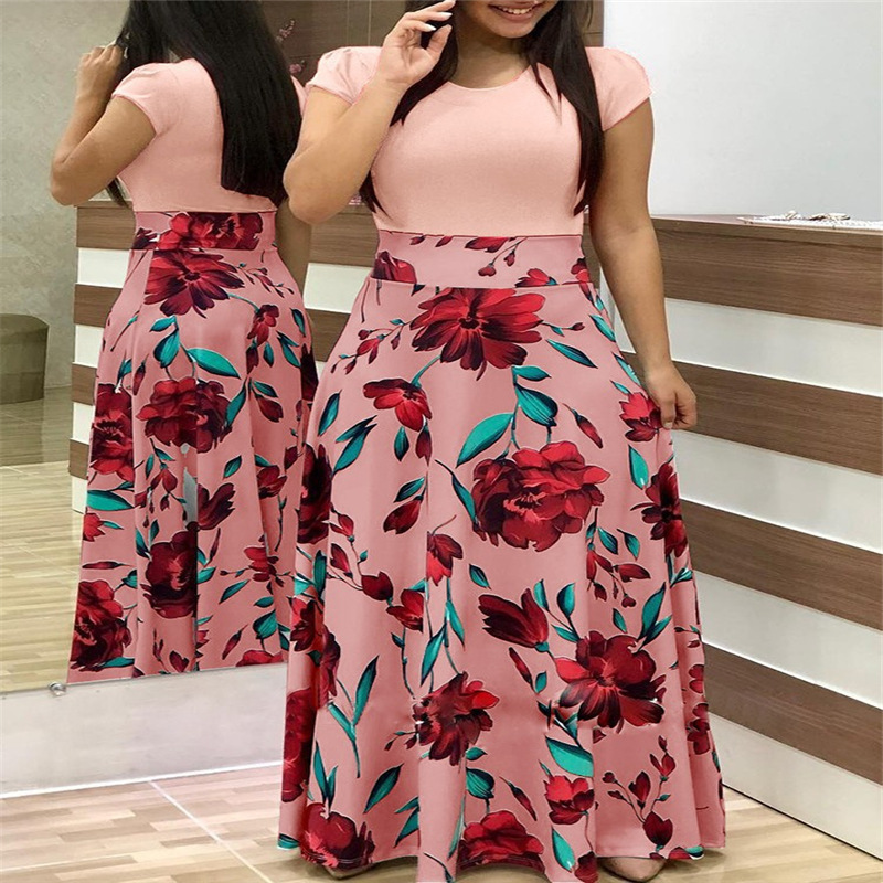 Floral Print Color-Block Short-Sleeve Plus-Size Dress