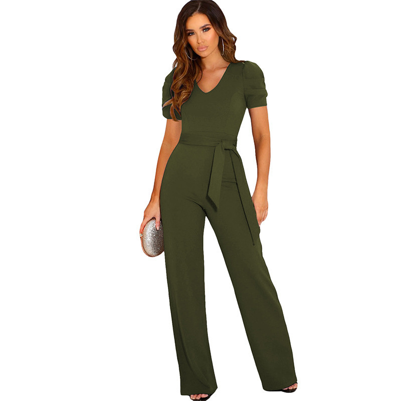 Women's Tie-Waist V-Neck Short-Sleeve Wide-Leg Jumpsuit