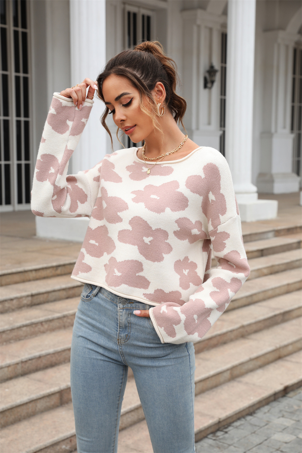 Women's Floral Jacquard Knit Pullover Sweater Long Sleeve Cropped