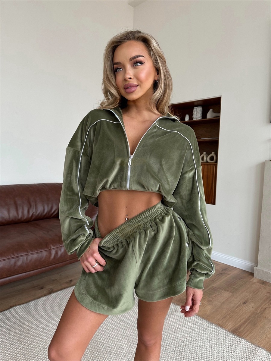 Velvet Zip-Up Cardigan and Shorts Two-Piece Set
