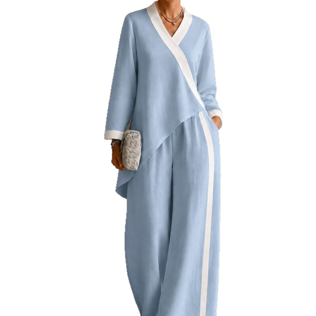 2026 Fall Cross-Border Hot-Selling European and American Women's Color-Block V-Neck Asymmetrical Top Wide-Leg Pants Loose Casual Set