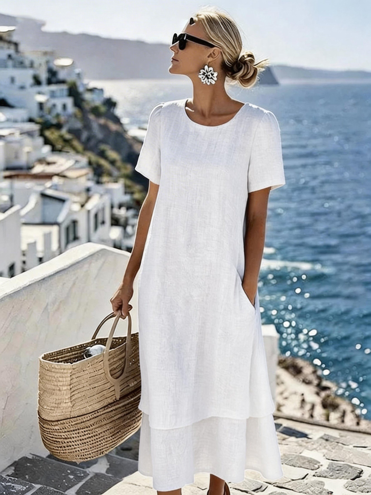 Women's Double-Layer Crew Neck Short Sleeve Midi Dress