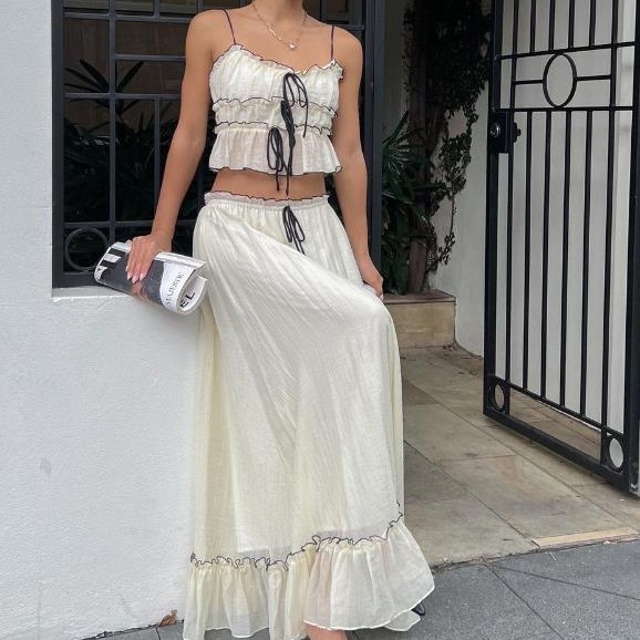 Women's Sweet Bow Cami Top and Pleated Midi Skirt Set