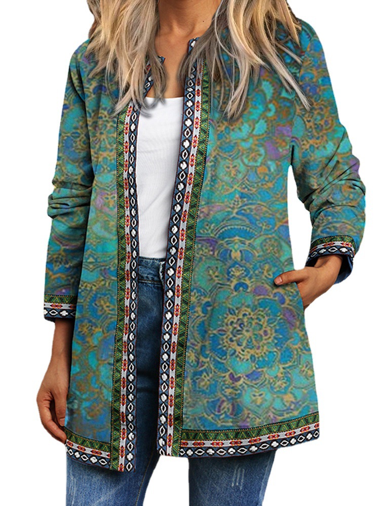 Retro Ethnic Floral Print Long Sleeve Open Front Jacket Cardigan for Women