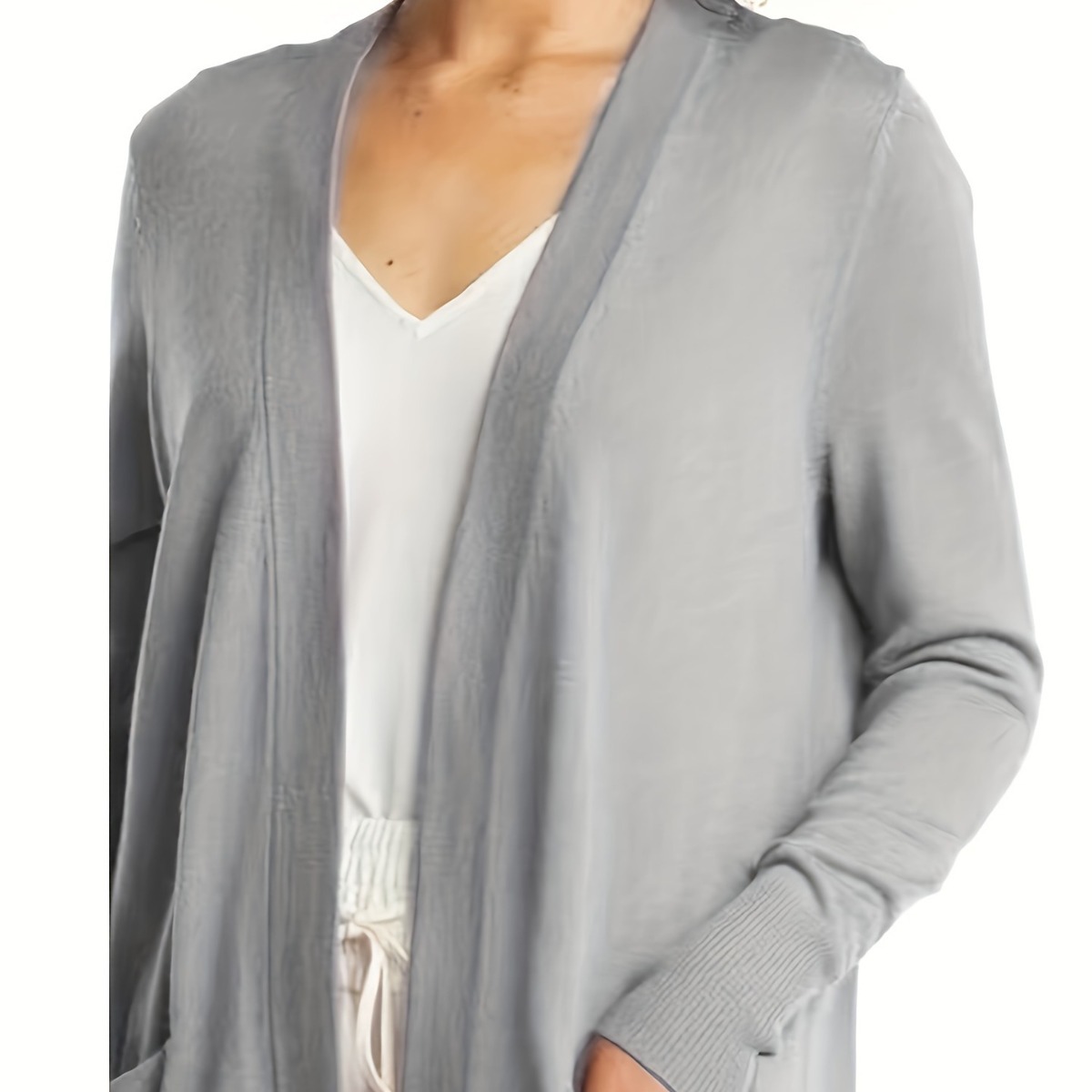 Women's Mid-Length Open-Front Wool Cardigan Sweater, Loose Fit, Solid Color