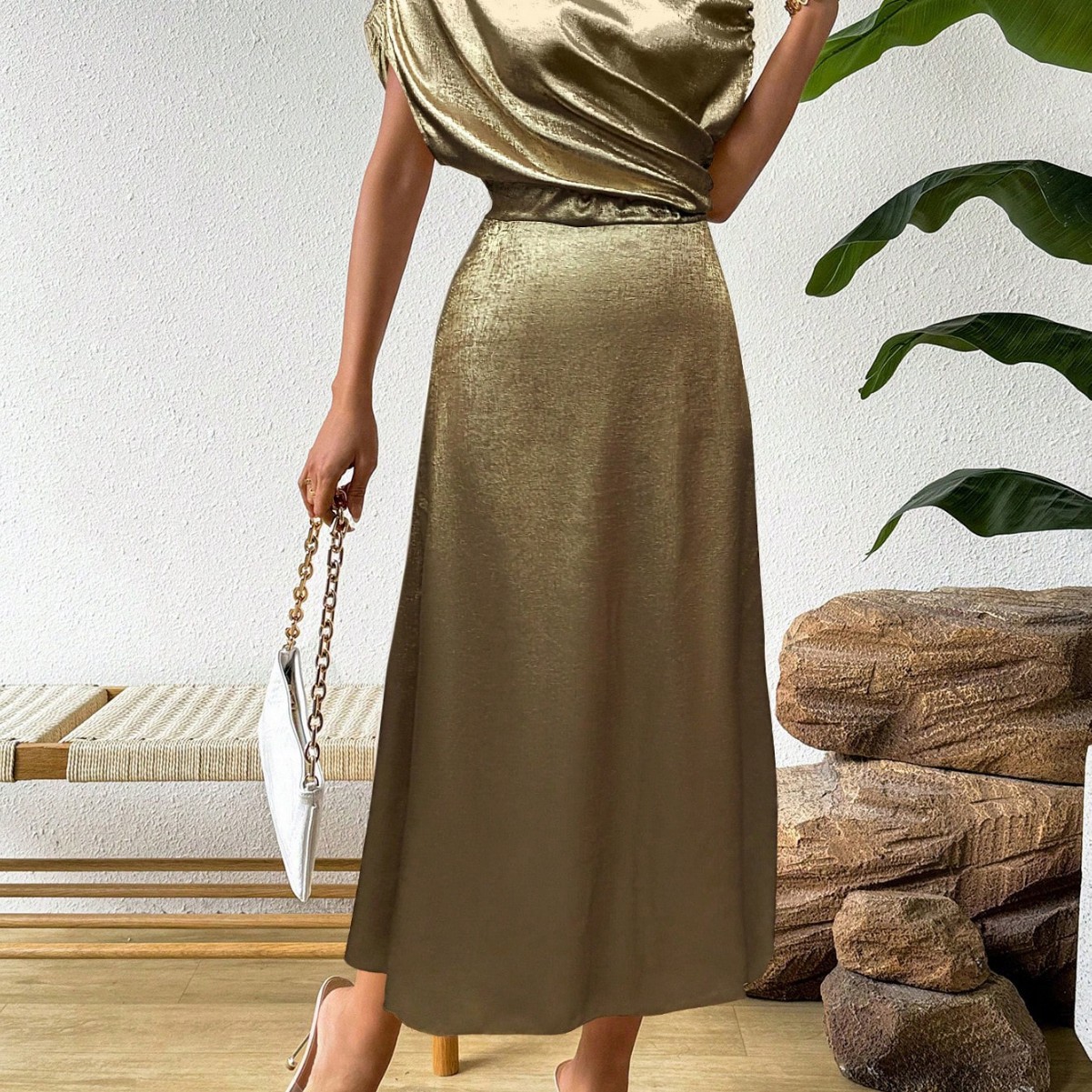 Solid Satin One-Shoulder A-Line Midi Dress
