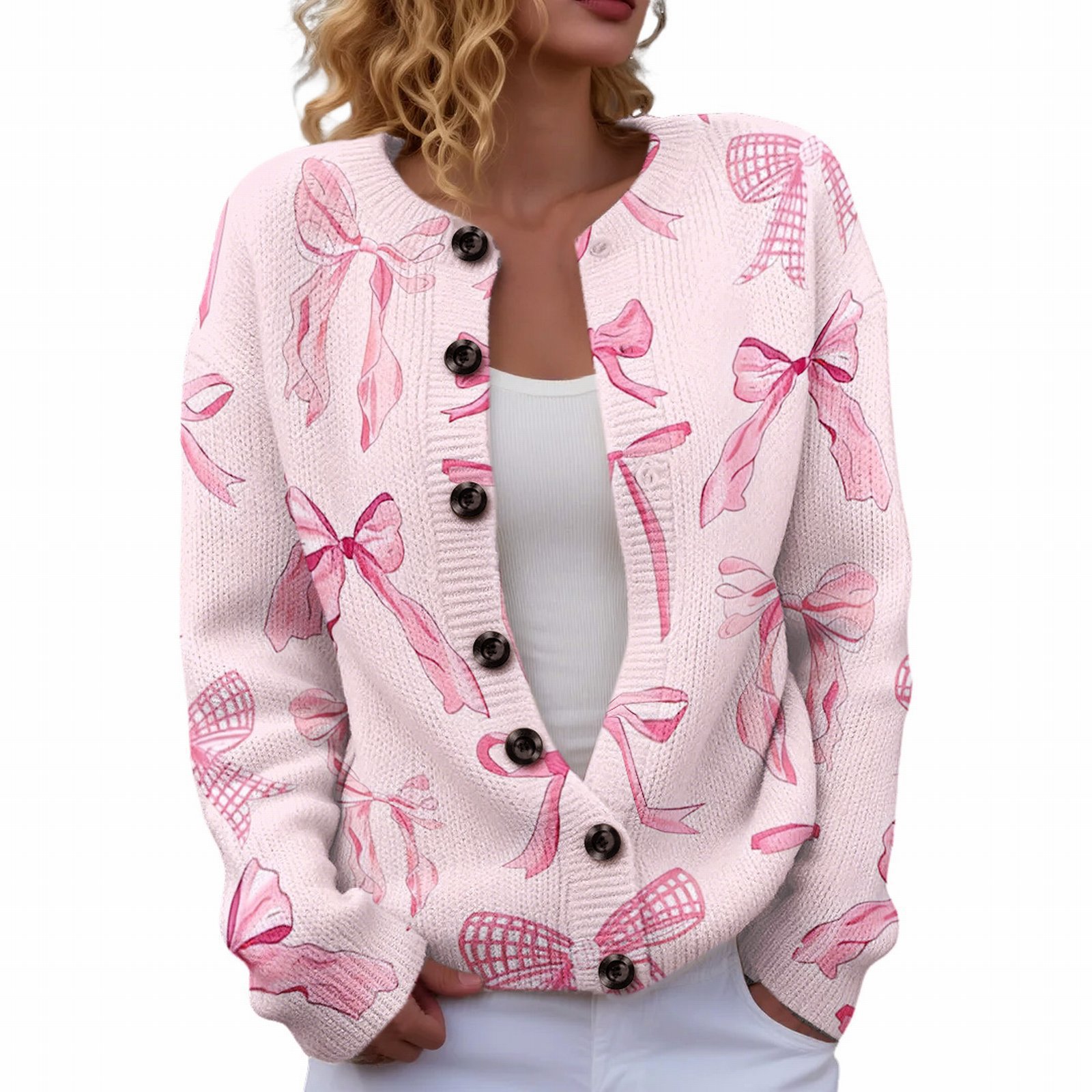 Women's Heart Ribbon Bow Cherry Print Cardigan