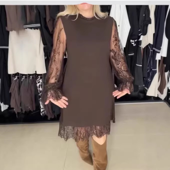 Women's Lace Trim Long Sleeve Midi Dress