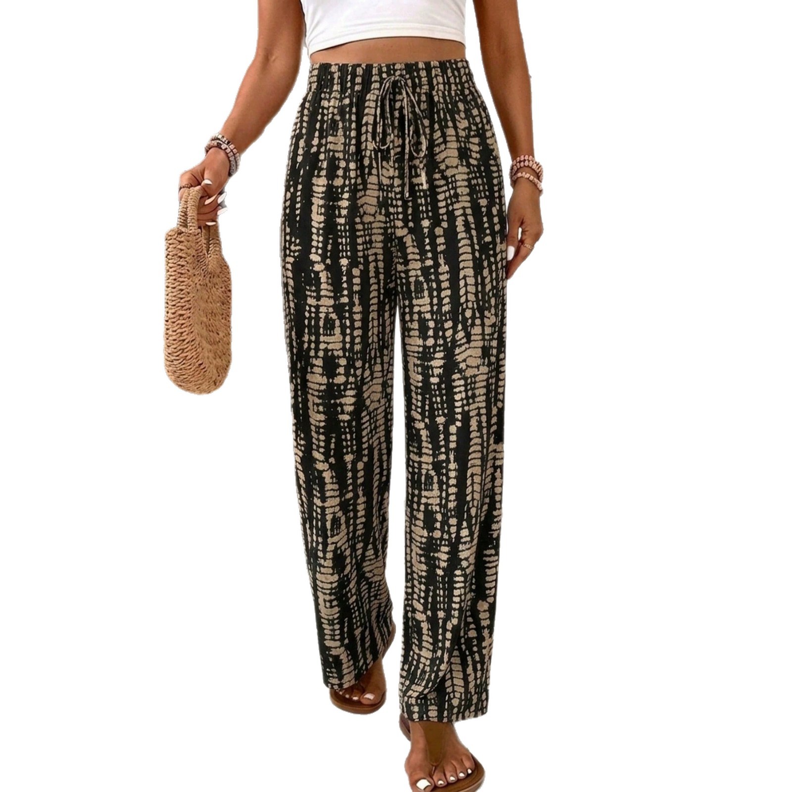 Women's Wide-Leg Pants with Elastic Waist and Pockets