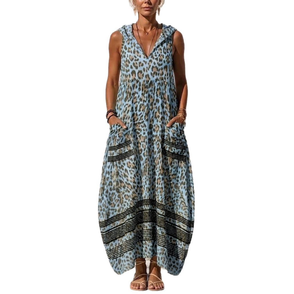 Women's Sleeveless Hooded Leopard Print Maxi Dress with Pockets