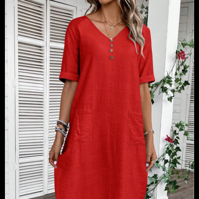 Women's V-Neck Loose Cotton Linen Midi Dress