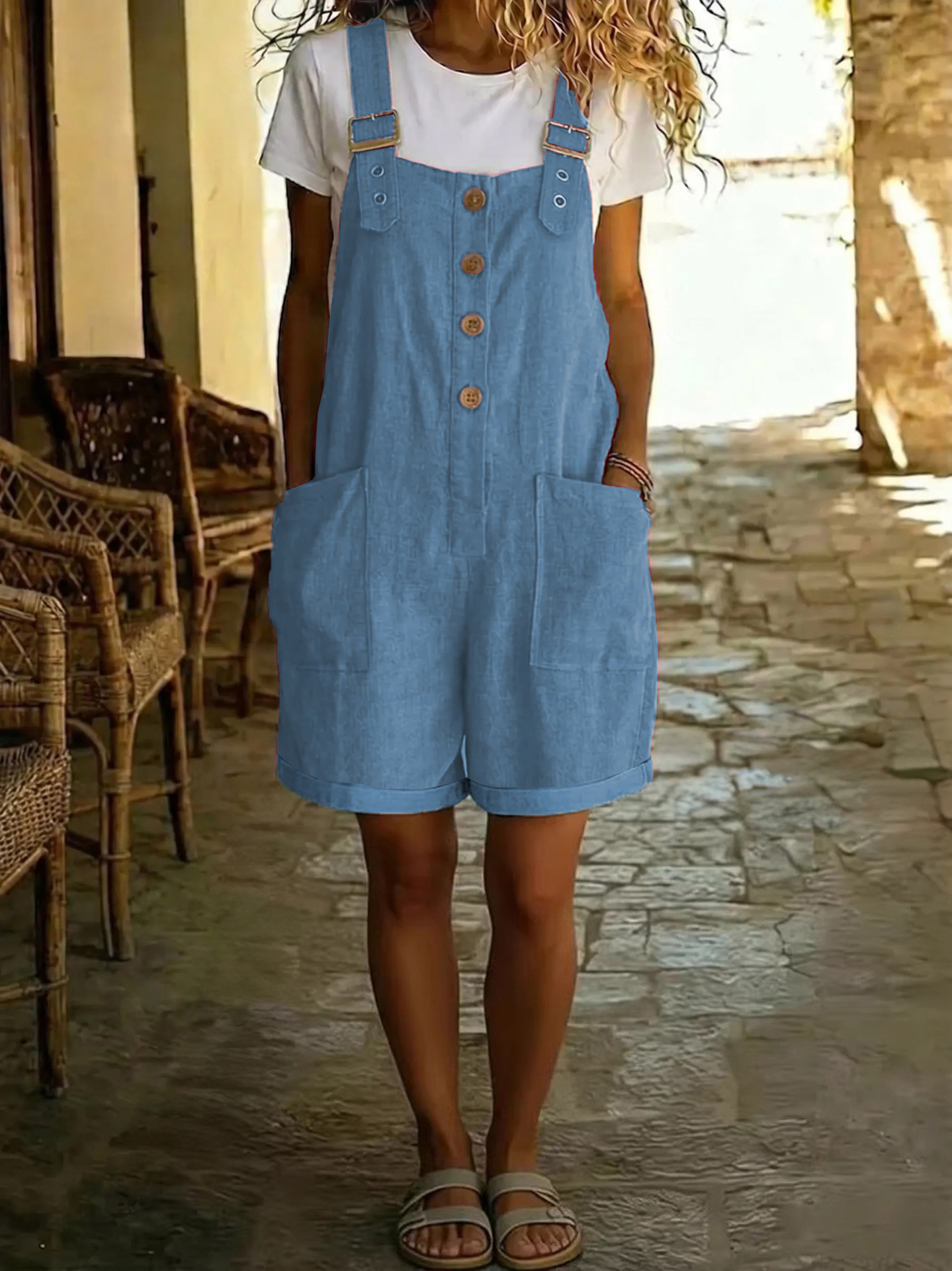 Women's Cotton-Linen Solid Color Vintage Straight-Leg Overall Shorts with Pockets