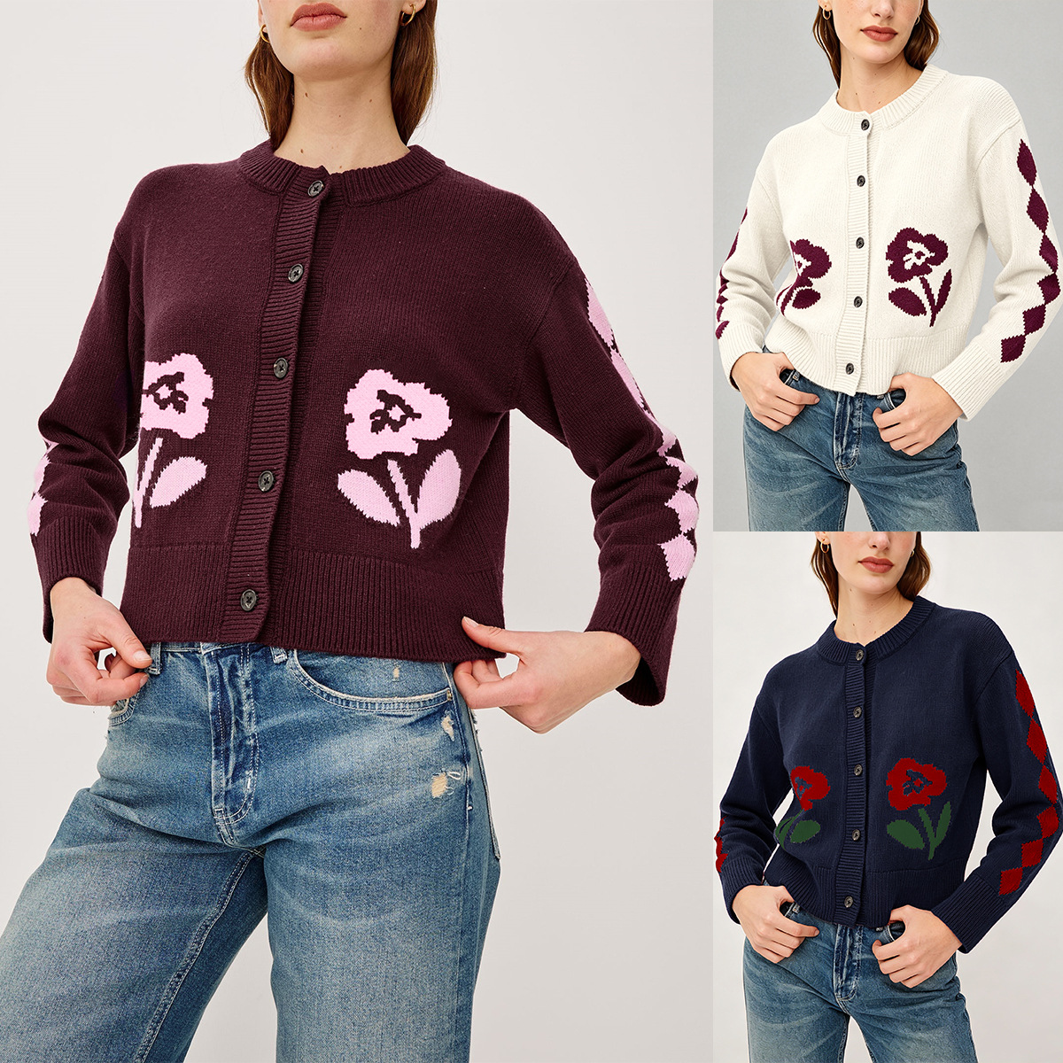 Women's Vintage Jacquard Knit Cardigan Button-Up Cropped Sweater Coat