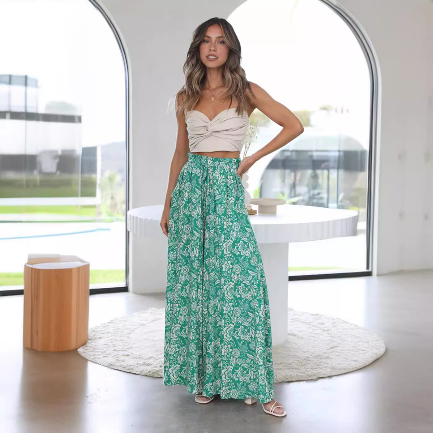 Printed Wide-Leg High-Waist Pants with Elastic Waist