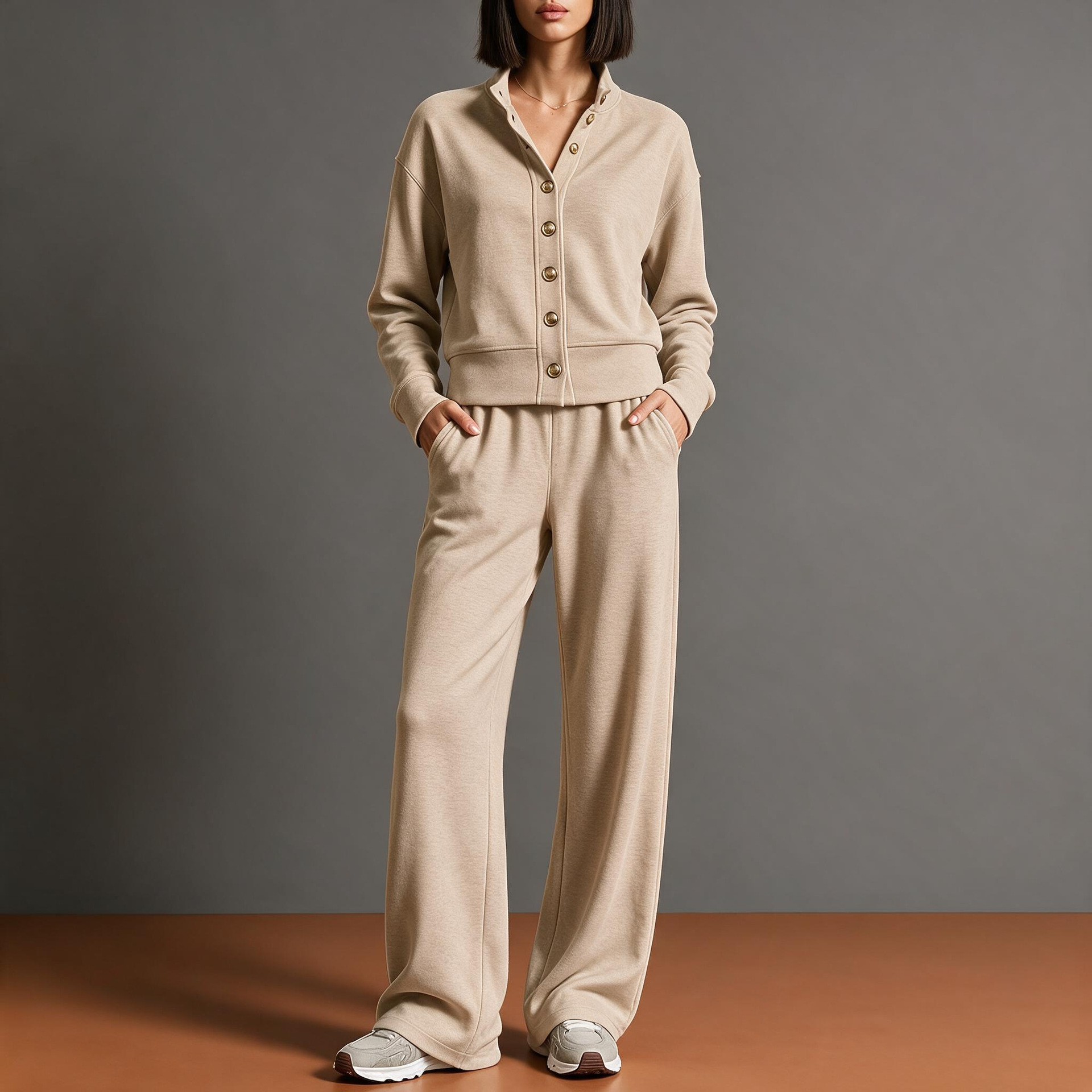 Women's Solid Stand-Collar Cardigan Hoodie & Wide-Leg Pants Set