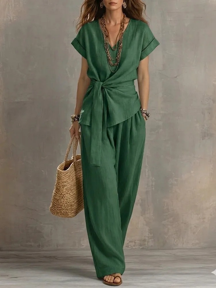 V-Neck Tie-Waist Top and Solid Casual Pants Set