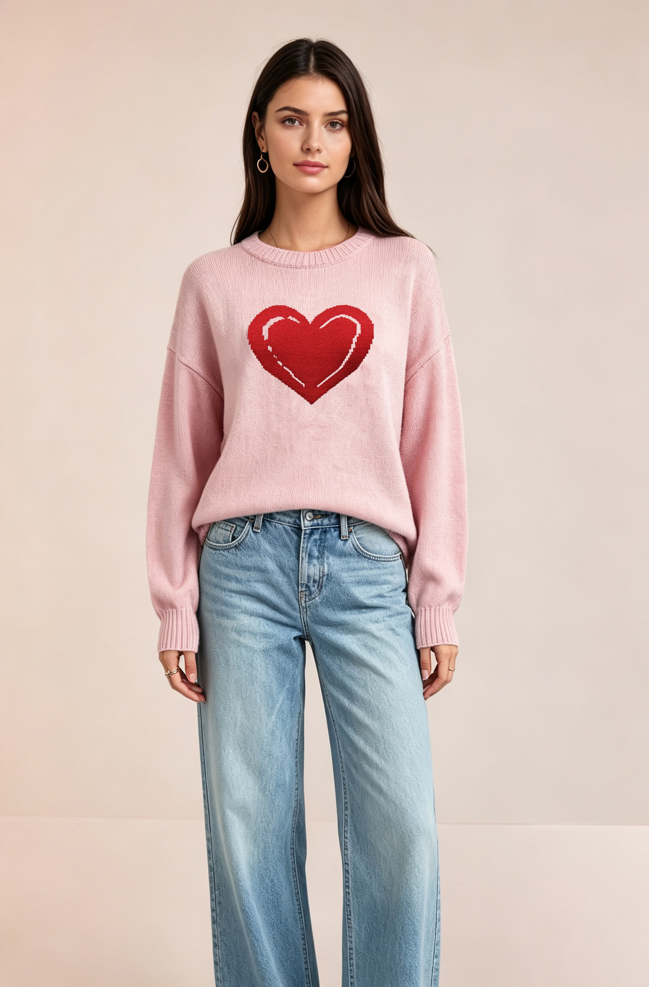 Heart Knit Sweater for Women Crewneck Long Sleeve Pullover