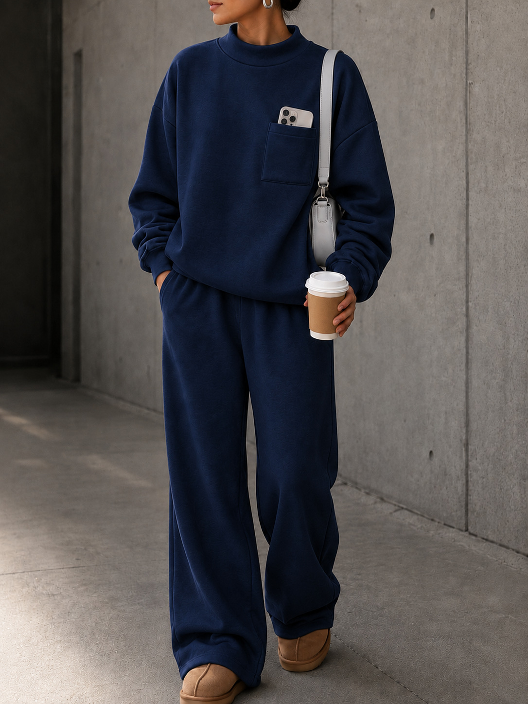 Women's Loose Stand Collar Sweatshirt & Wide-Leg Pants Set Solid Color Casual Sportswear