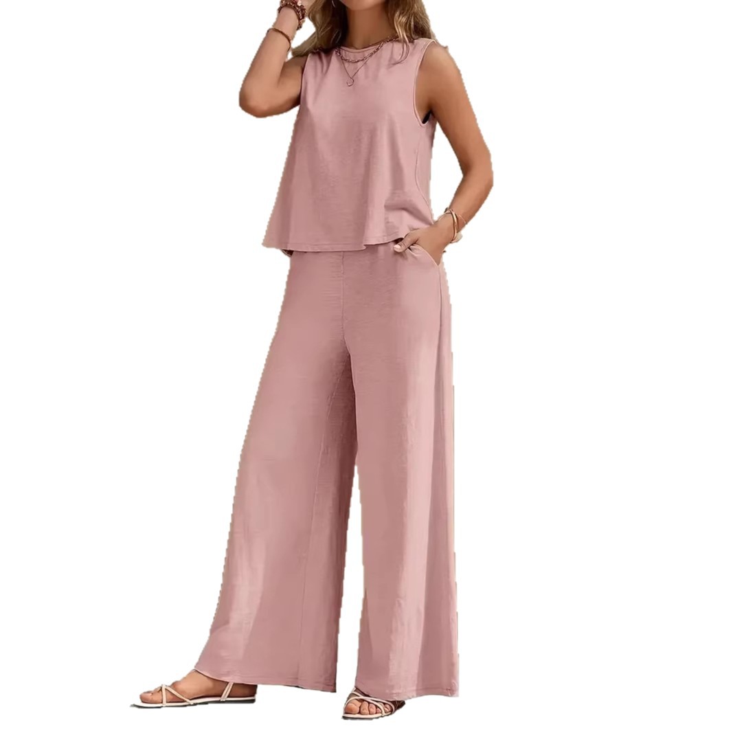 Women's Two-Piece Sleeveless Tank Top and Wide-Leg Pants Set Solid Color Casual