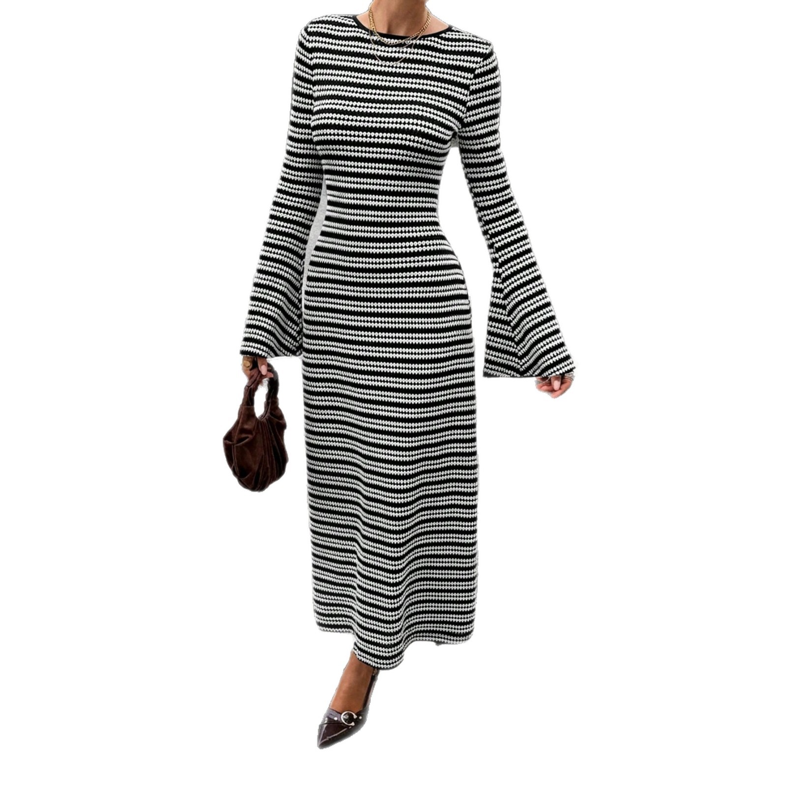 Striped Open-Back Flared Long-Sleeve Knit Dress