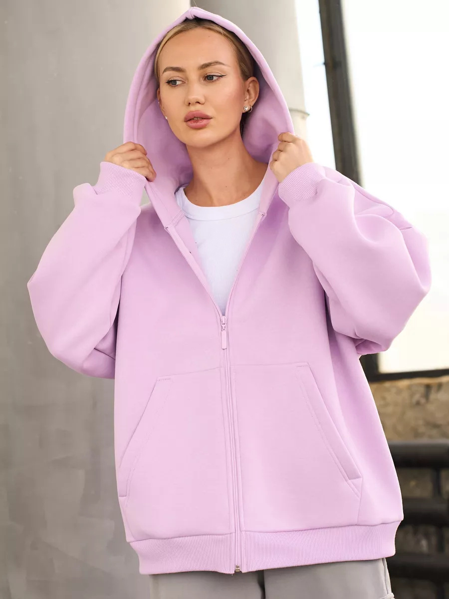 Solid Color Loose Fit Long Sleeve Zip-Up Hooded Sweatshirt Cardigan for Women