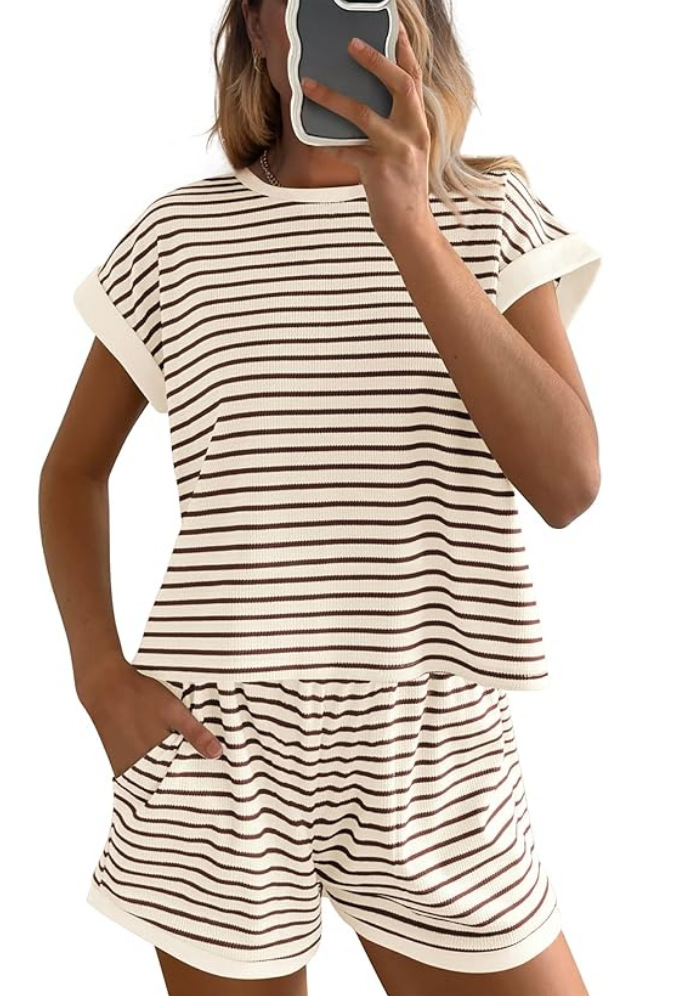 Women's Striped Crewneck Top and Shorts Casual Two-Piece Set