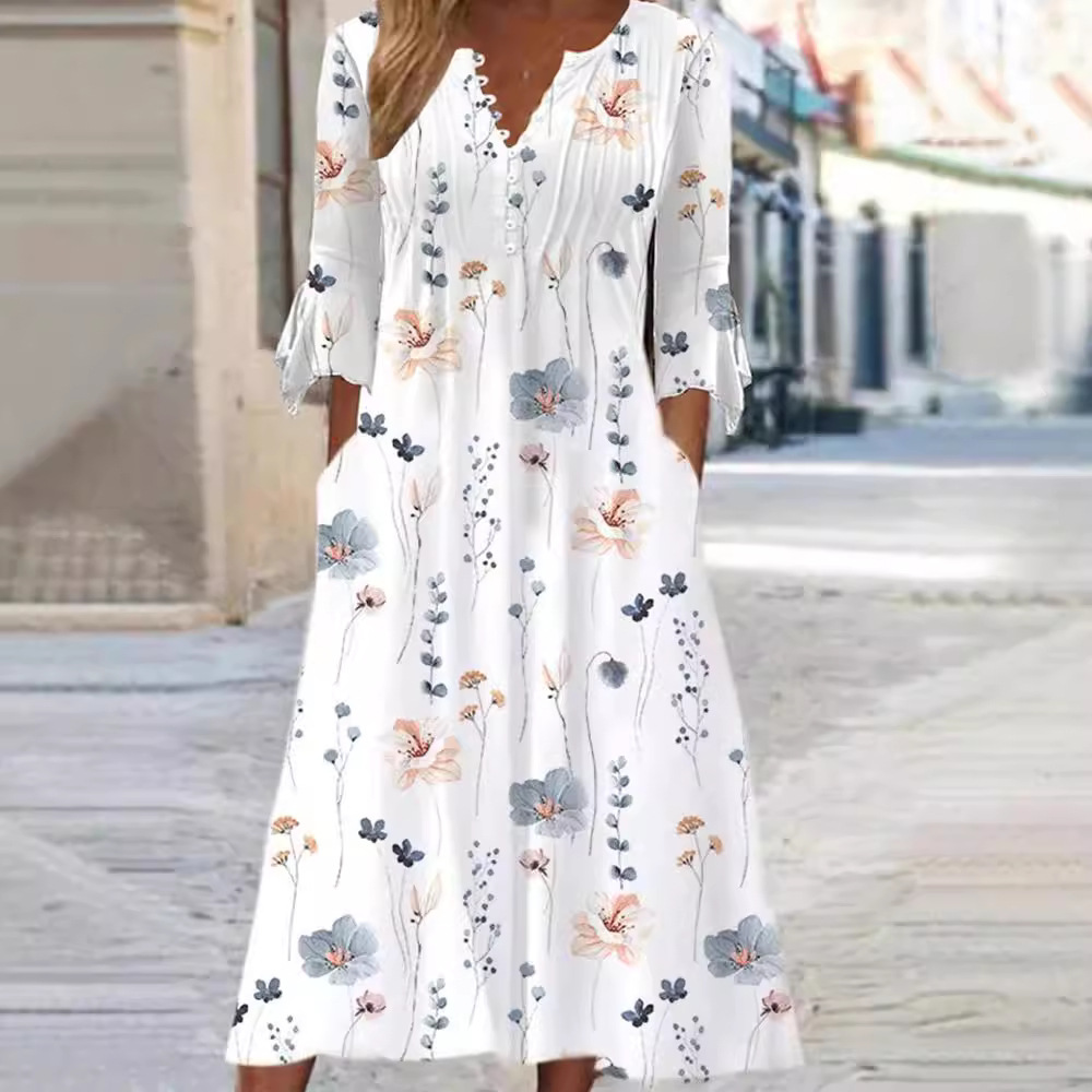 Women's Printed V-Neck Midi Dress with Adjustable Button Detail