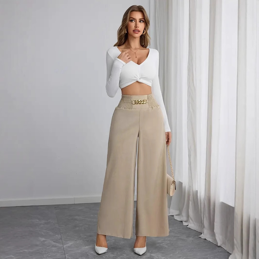 High-Waist Chain Smocked Wide-Leg Pants