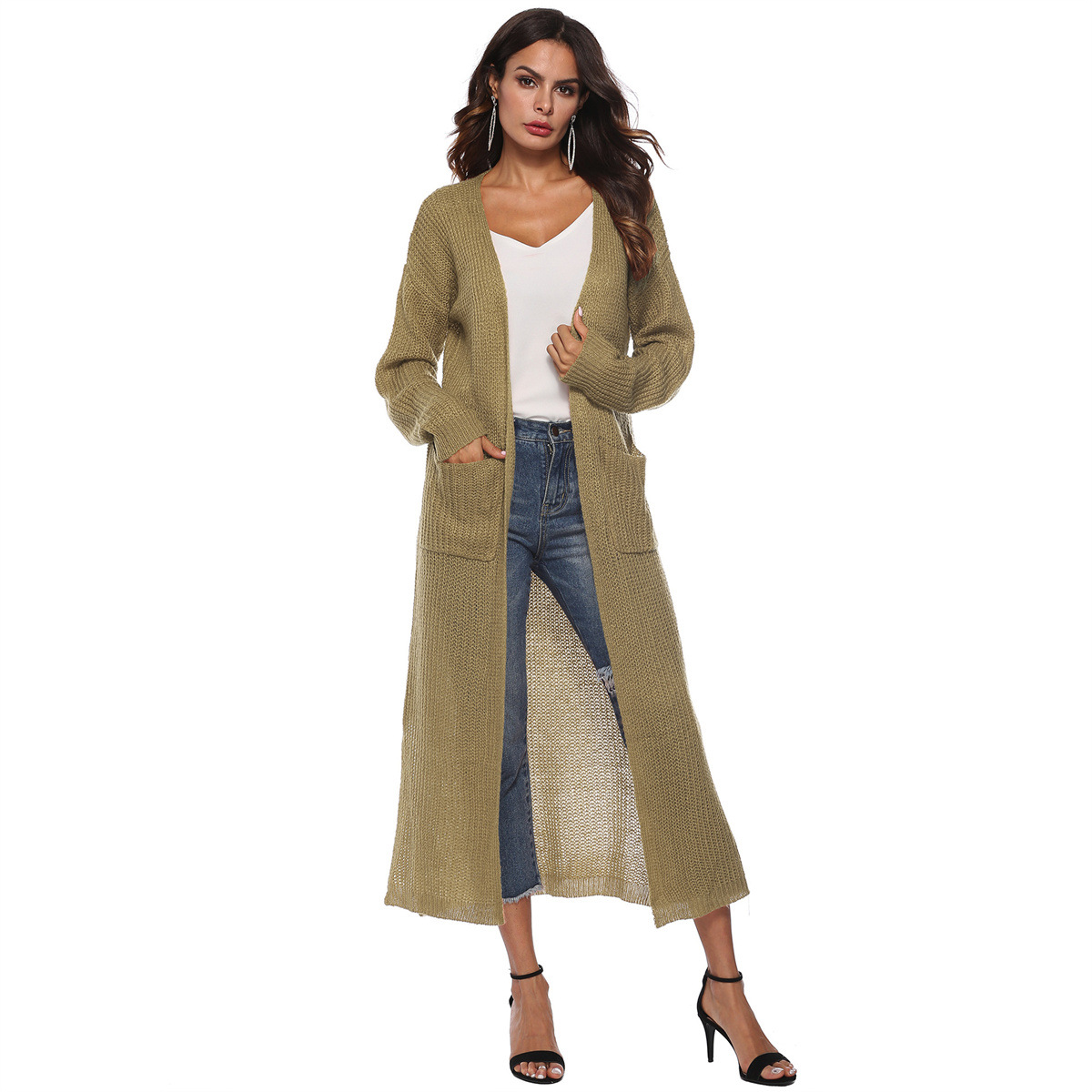Mohair Cardigan Women's Long Open Front Split Pocket Sweater Coat