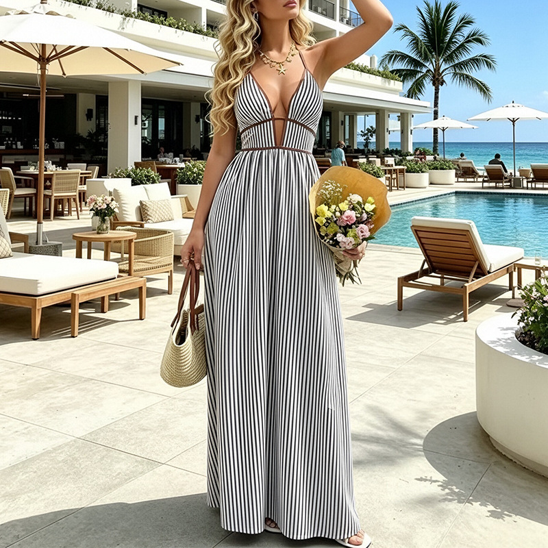 Women's Deep V-Neck Striped Sleeveless Maxi Dress