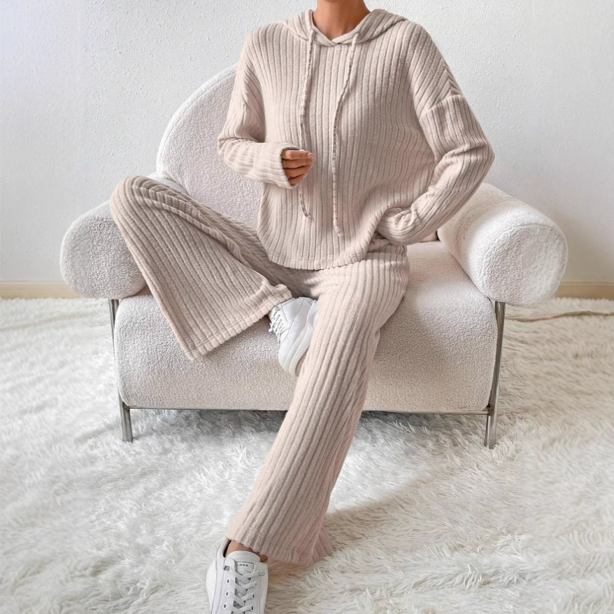 Women's Casual Knit Hoodie and Straight-Leg Pants Two-Piece Set