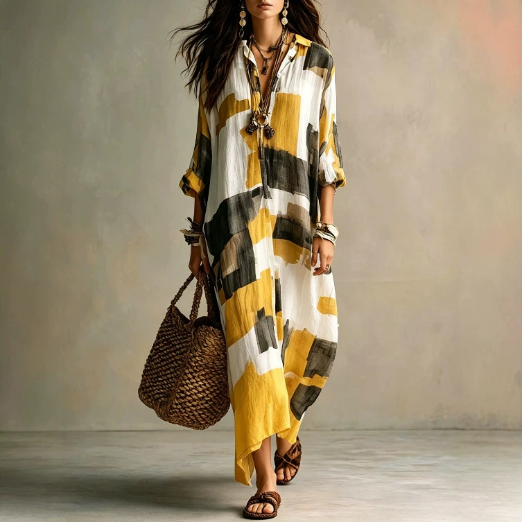Women's Geometric Print Button-Front Collared Long Sleeve Maxi Dress