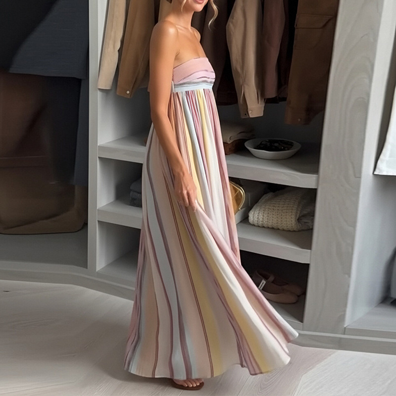 Women's Colorful Ruched Strapless A-Line Maxi Dress