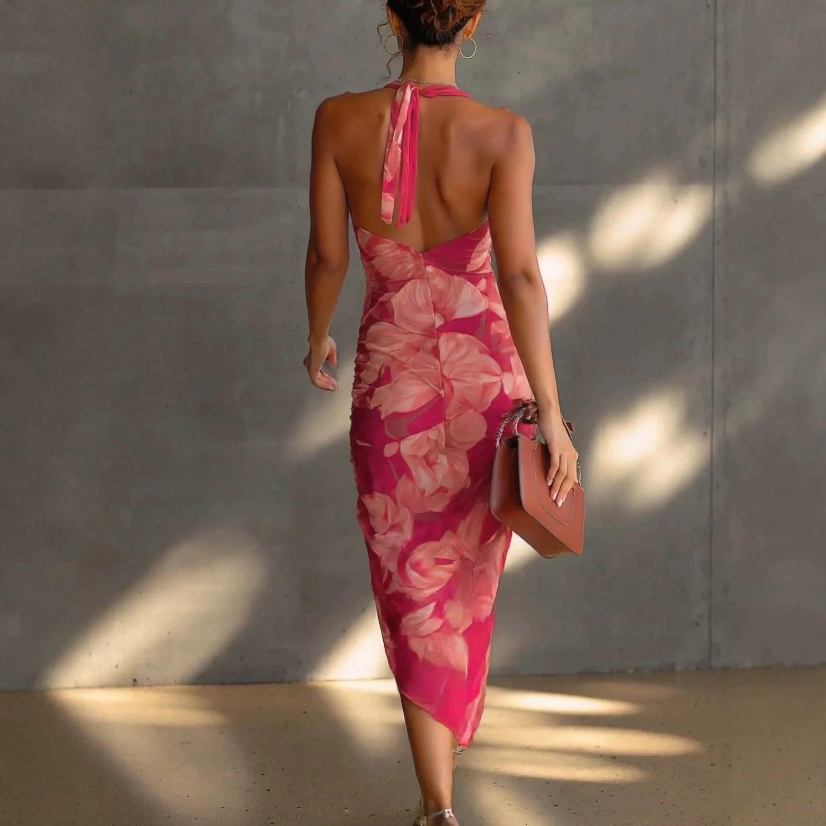 Women's Halter Neck Open Back Floral Print High Slit Midi Dress