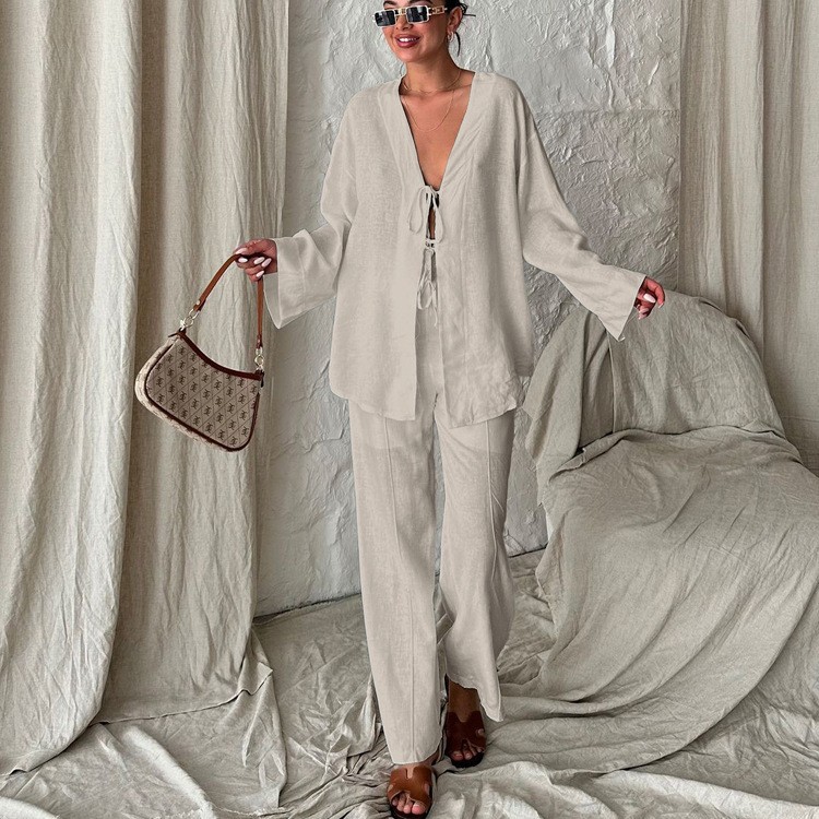 Women's Cotton Cardigan Tie Long Sleeve Pants Loungewear Set Loose Casual Two-Piece