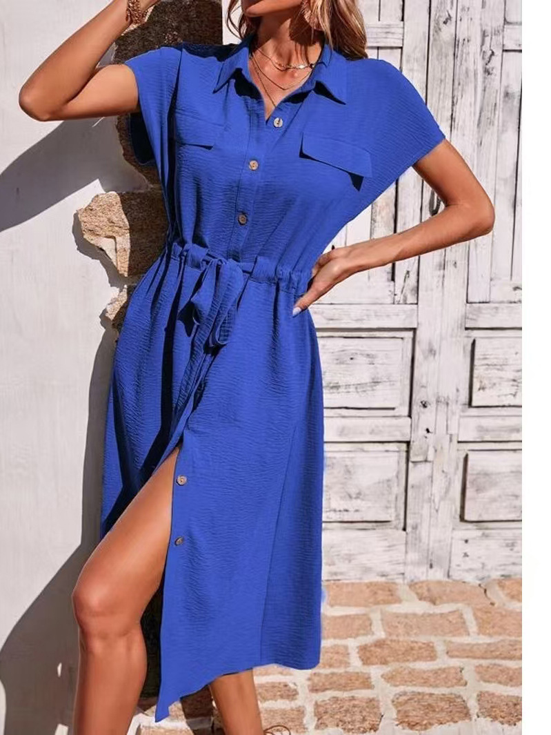 Women's Tie-Waist Polo Shirt Dress Short Sleeve A-Line Midi