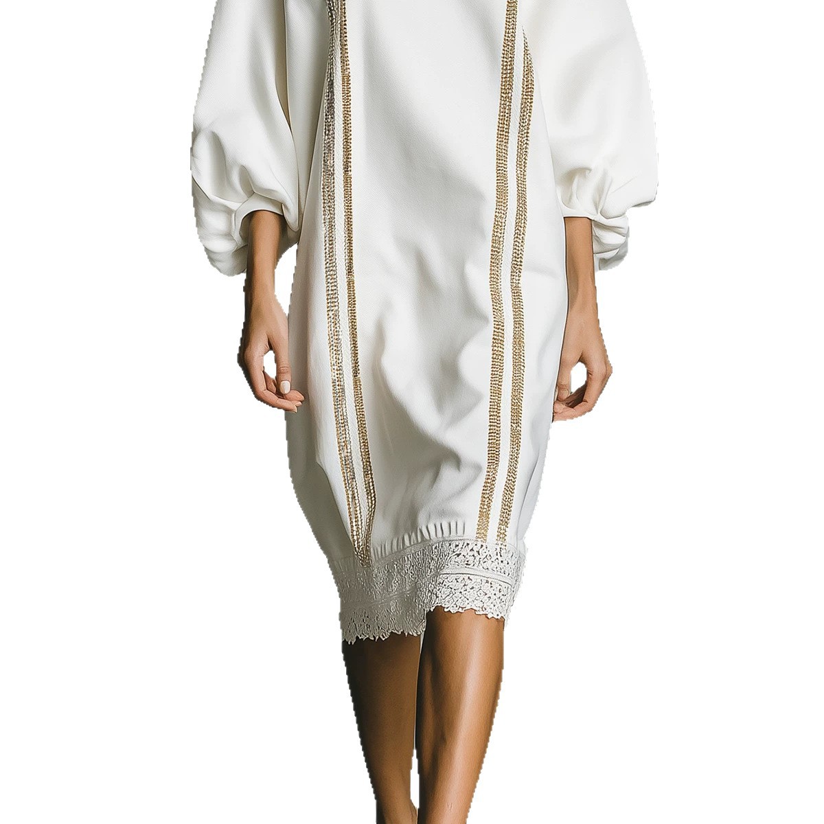 French-Style Half-Turtleneck Lantern-Sleeve Dress with Lace Hem
