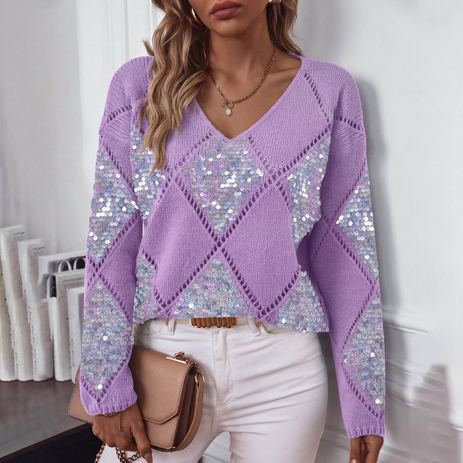 Openwork Sequin Knit Sweater Women's Solid Diamond V-Neck Loose Pullover