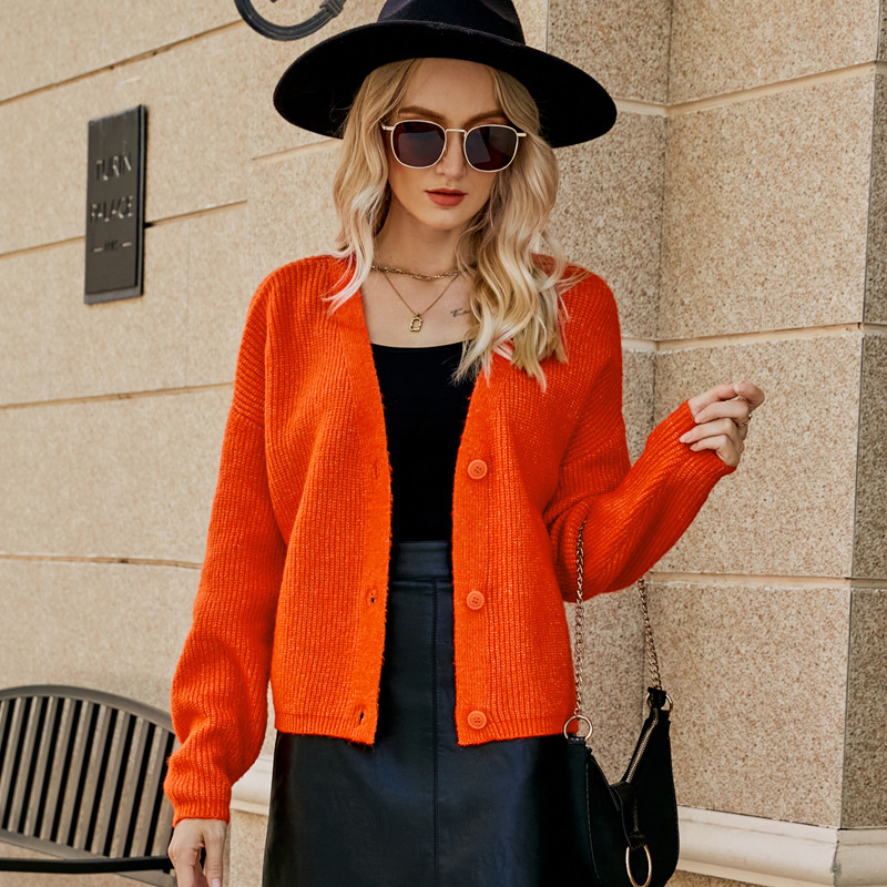 V-Neck Loose Knit Cardigan Sweater for Women Solid Color Long Sleeve