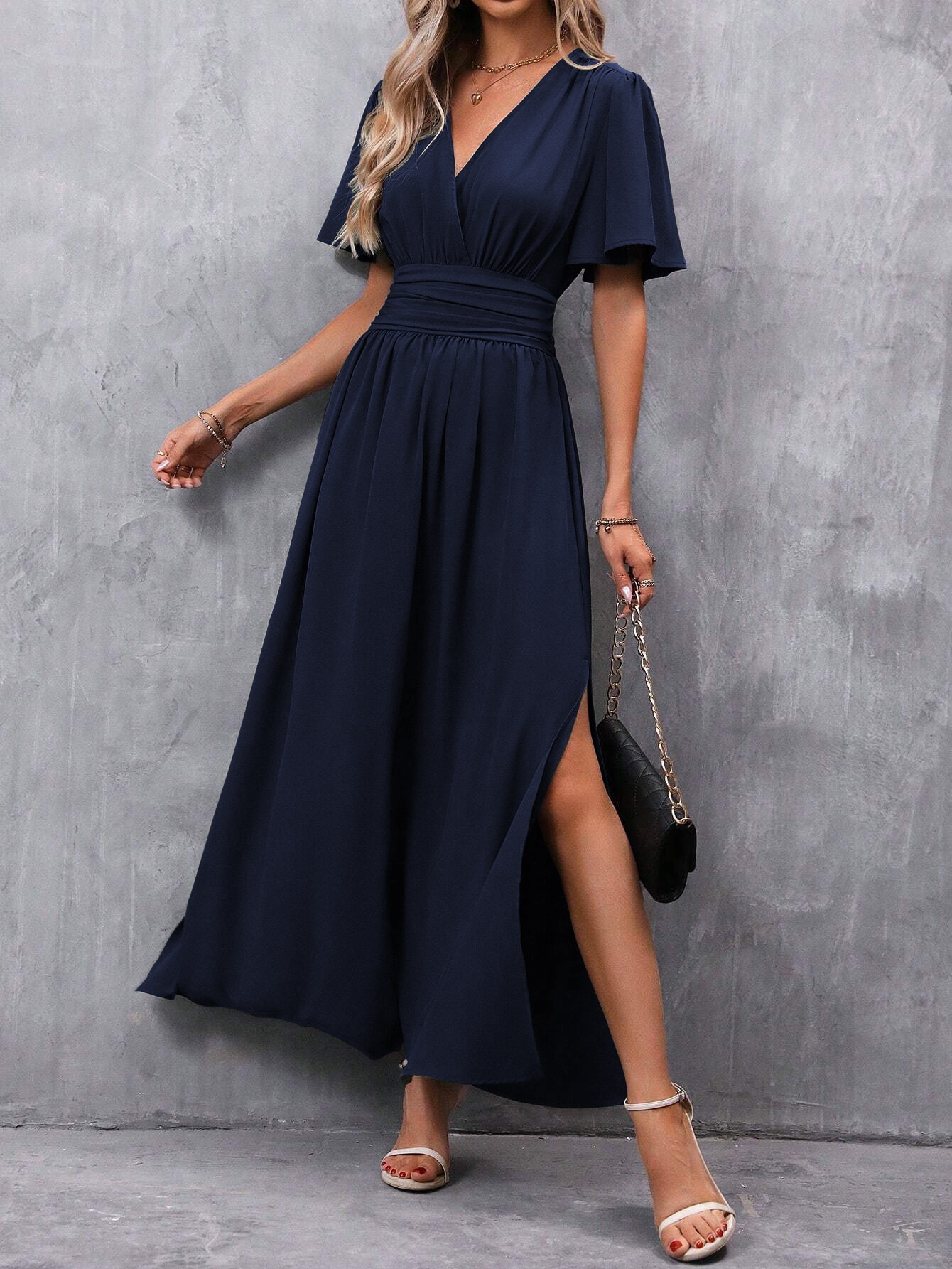 Elegant Flutter-Sleeve High-Slit A-Line Maxi Dress