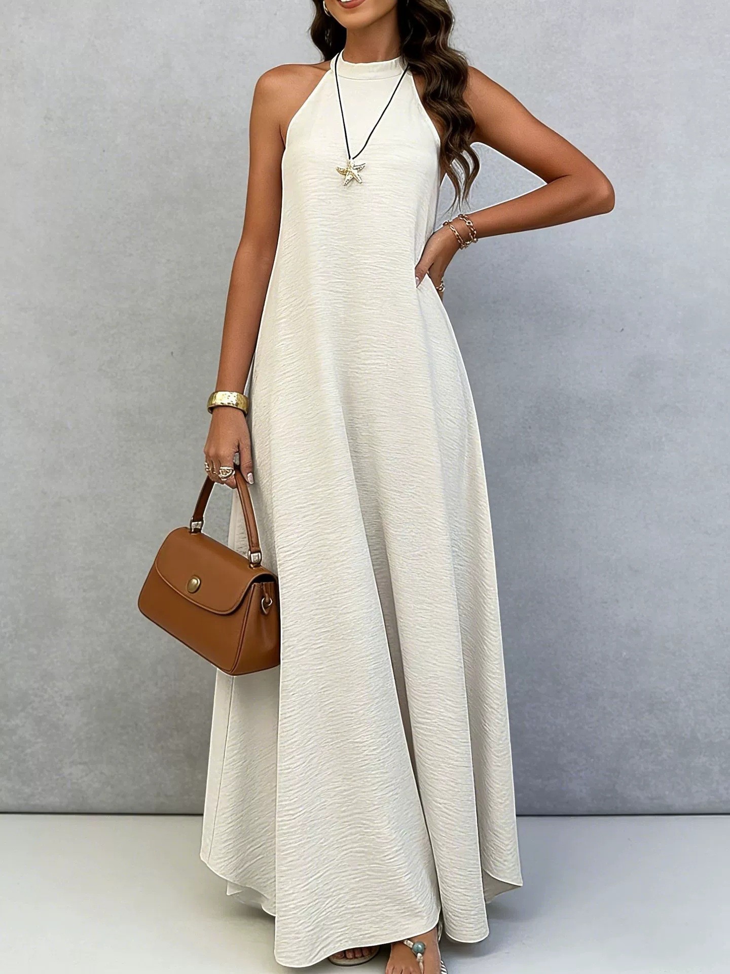 Sleeveless A-Line Midi Dress Solid Color High Waist Casual Elegant