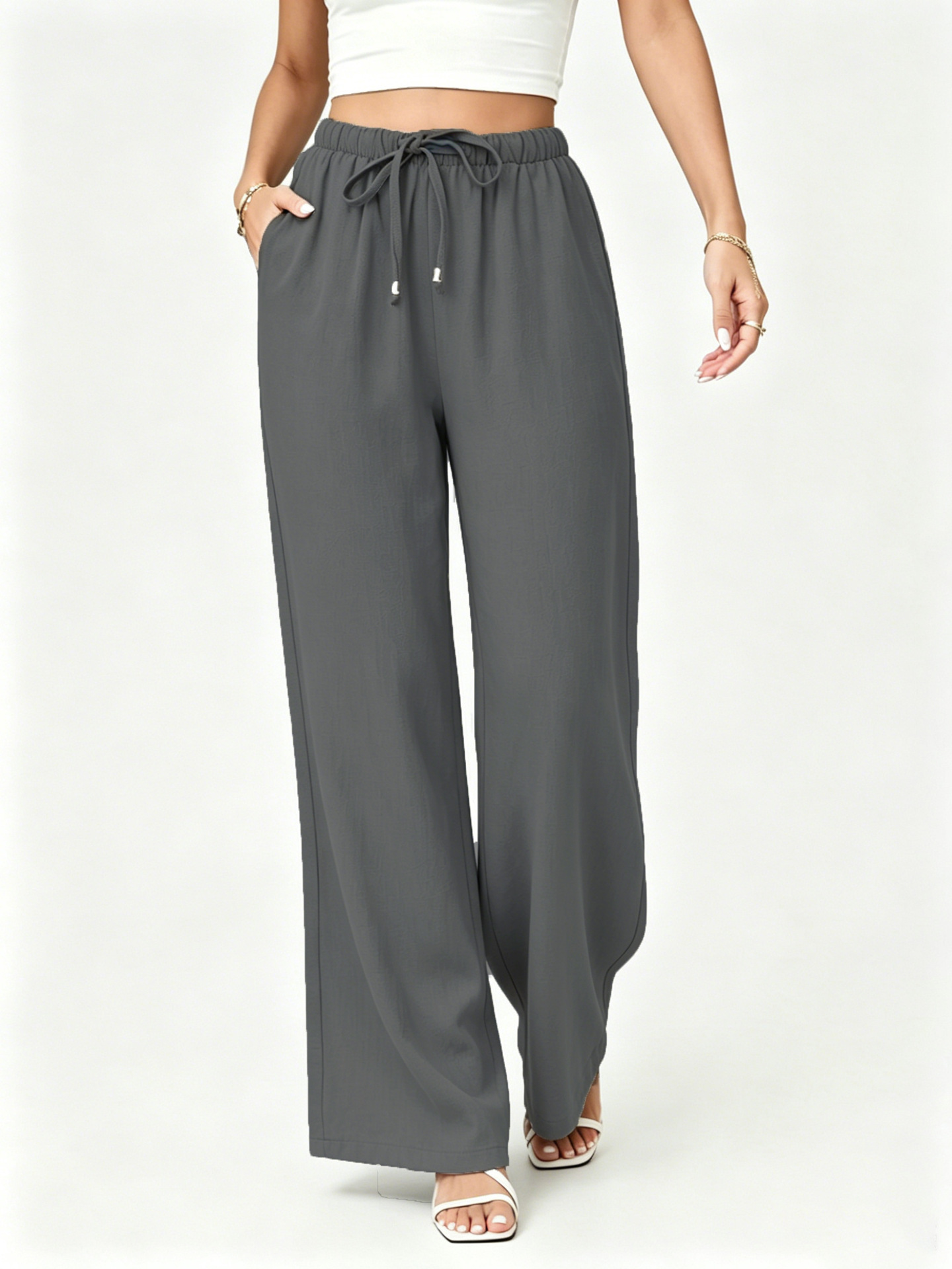 Women's Linen-Blend Drawstring High-Waist Wide-Leg Pants