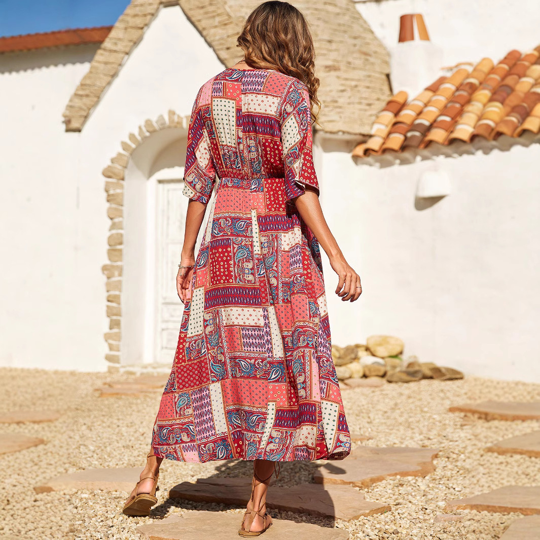 Women's Summer Floral Print Deep V-Neck Short Sleeve High Waist Maxi Dress