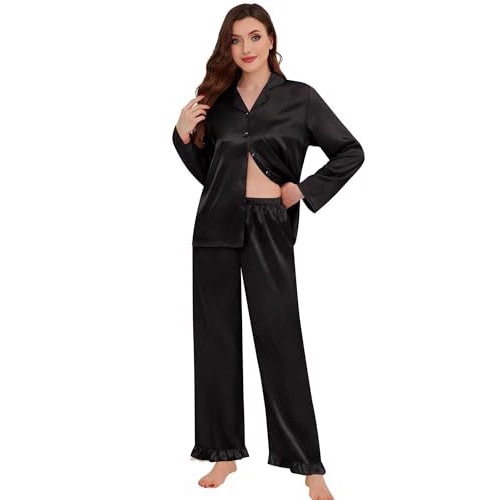 Women's Cuban Collar Butterfly Ribbon Print Long Sleeve Loungewear Set