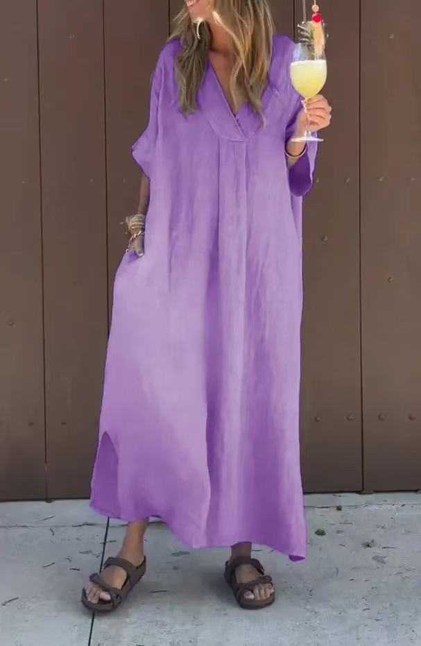 Washed Cotton V-Neck Short Sleeve Midi Dress Casual
