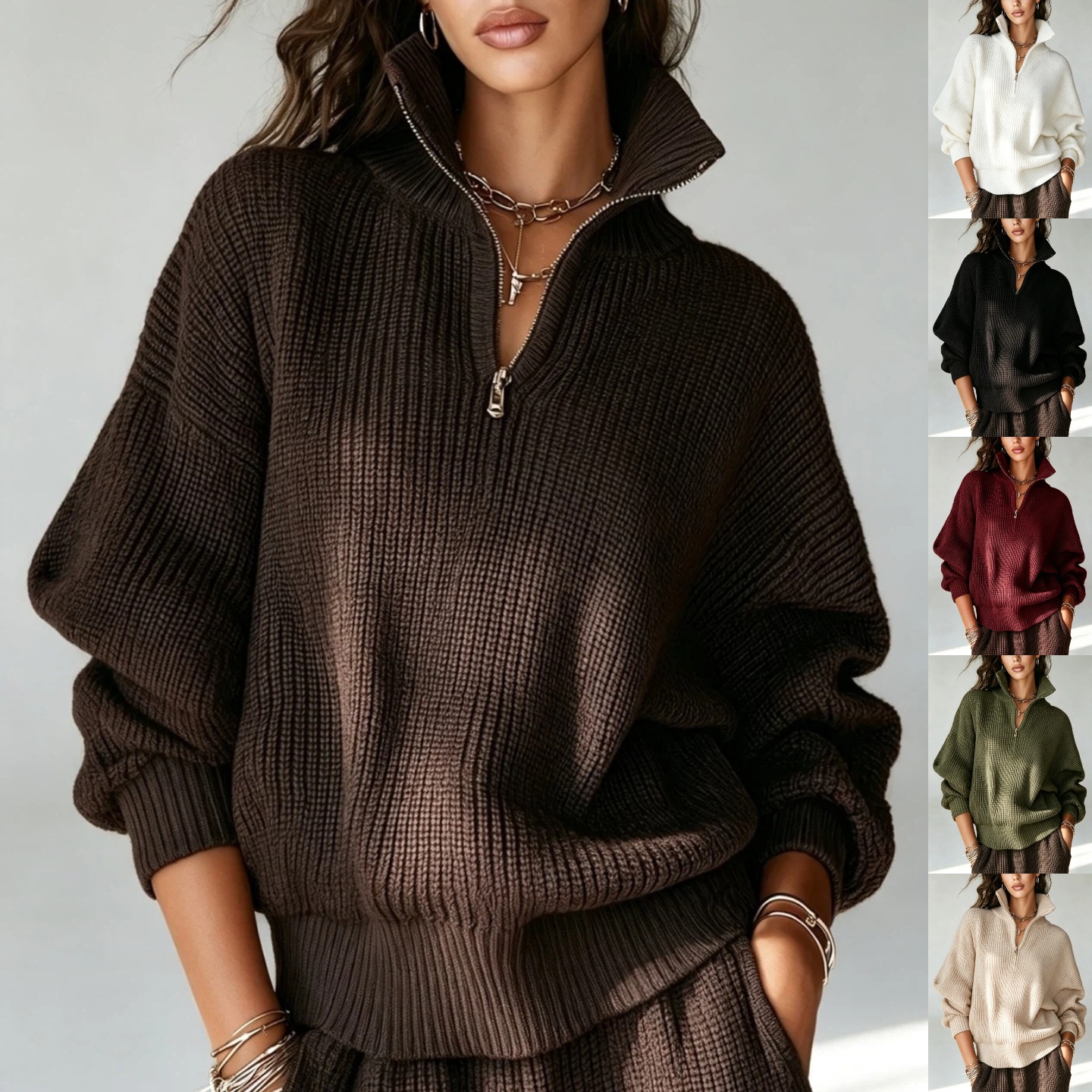 Women's Half-Zip Stand Collar Pullover Knit Sweater