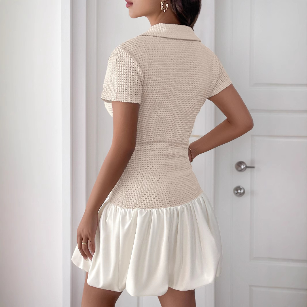 Women's Bow A-Line Dress with Bubble Hem, Short Sleeve, Slimming Fit, Elegant Commuter Style