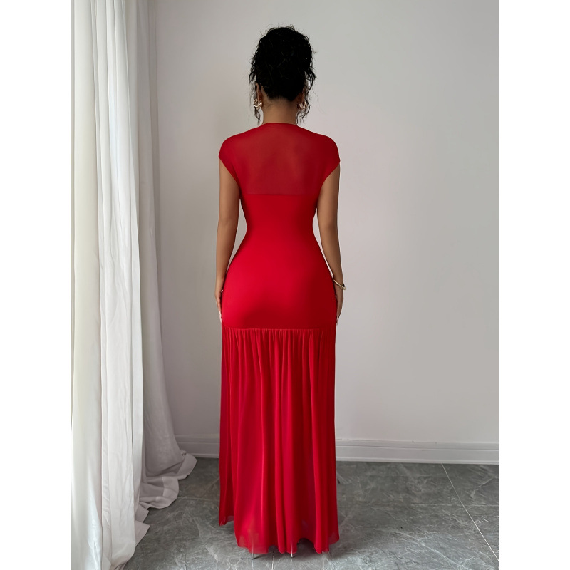 Women's Red Boat Neck Sleeveless Cutout Mesh Ruched Waist Long Dress