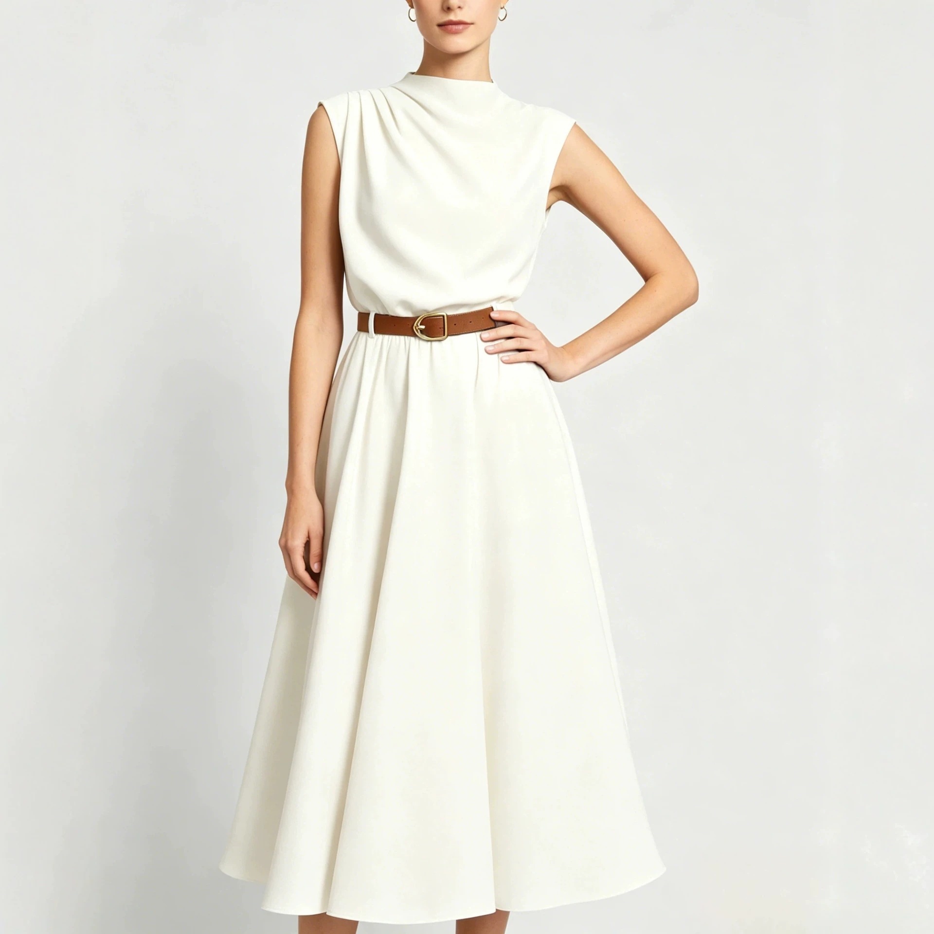 High Neck Sleeveless A-Line Midi Dress with Side Ruching and Belt
