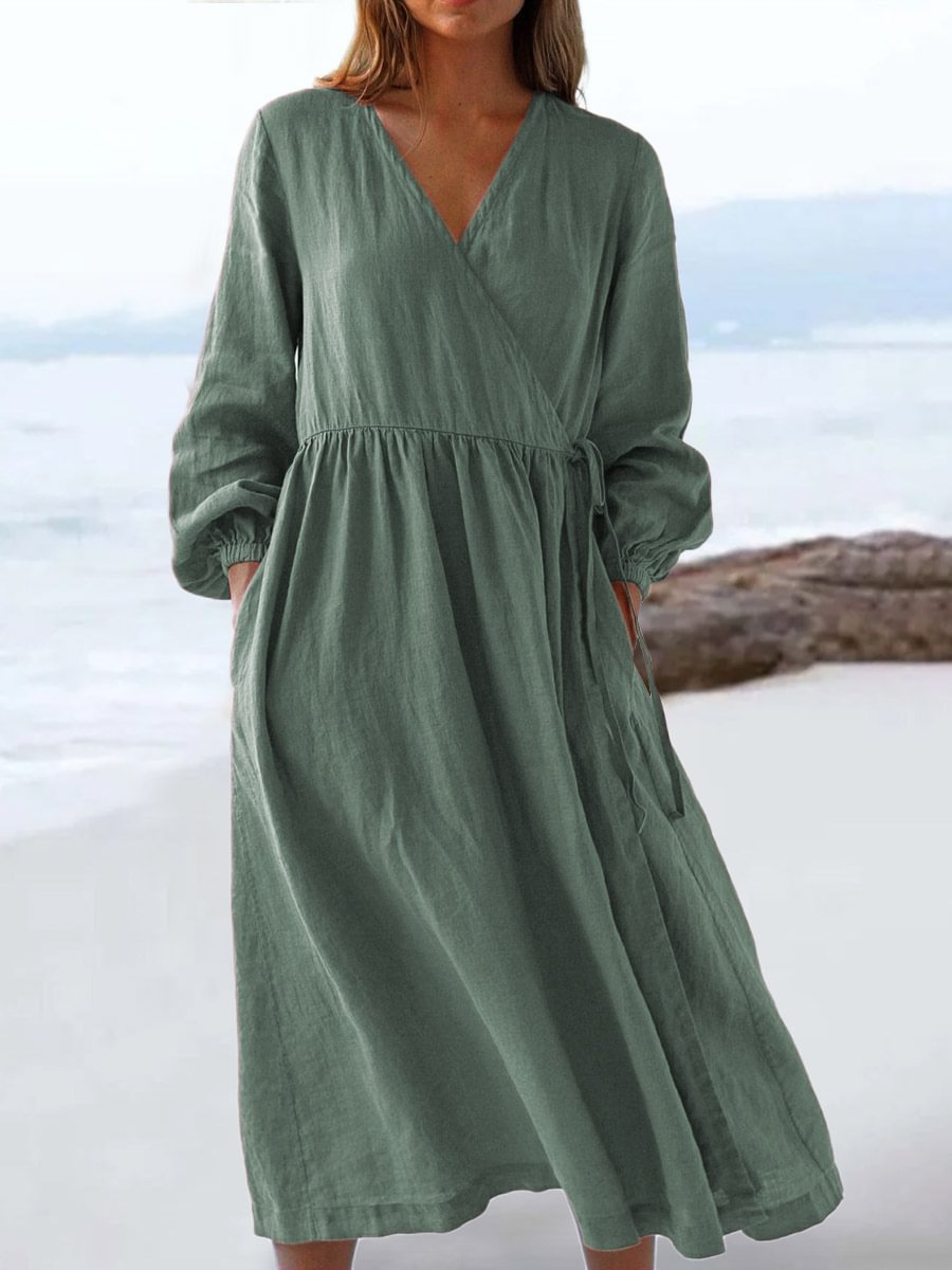 Solid Color Loose High Waist Cotton Linen Dress
